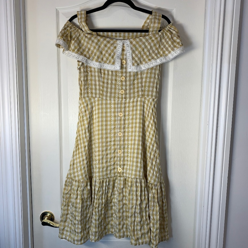 Mustard Gingham Cottagecore Picnic Dress Lace Trim Ruffle Collar Prairie Style M